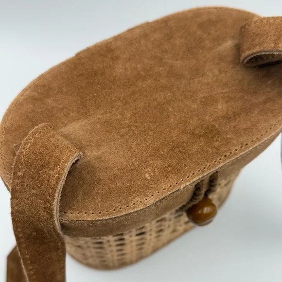 Cane Rattan And Suede Crossbody Bucket Bag - Picture 8 of 12